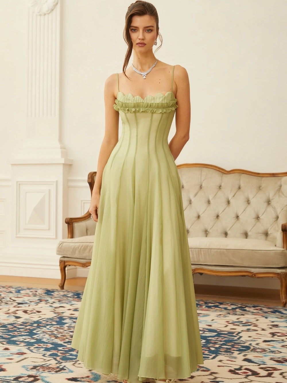 NWT Matcha Ruffled Shirred Tulle Maxi Dress Miss Rosier